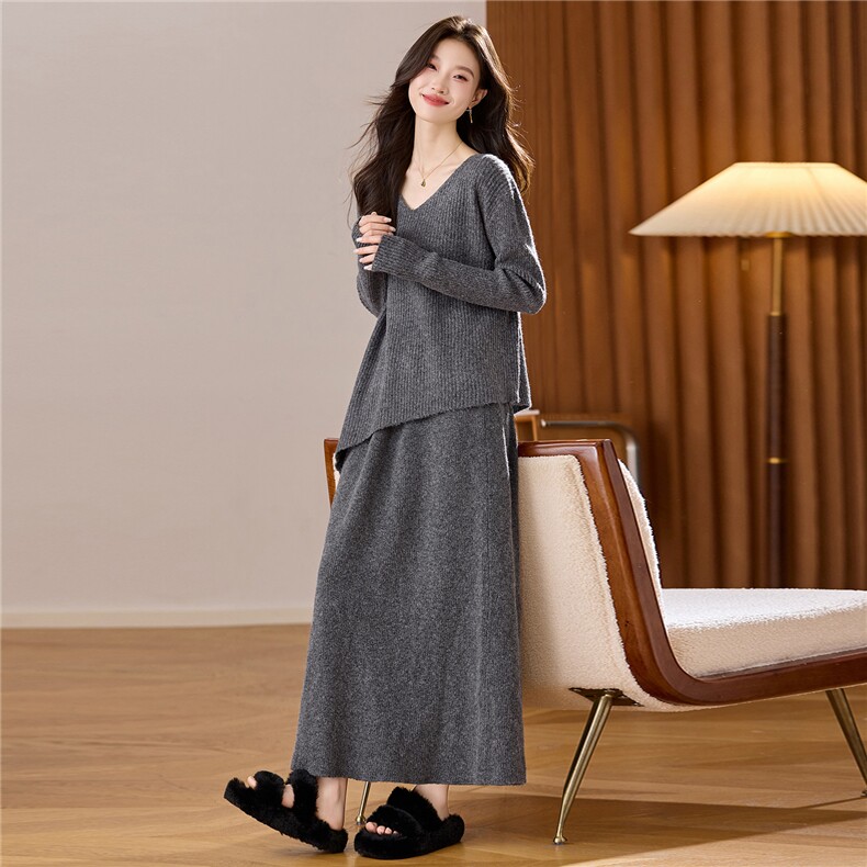 2025韩系氛围感穿搭套装v领不规则下摆针织套裙气质优雅两件套，女装羊毛衫，艾米