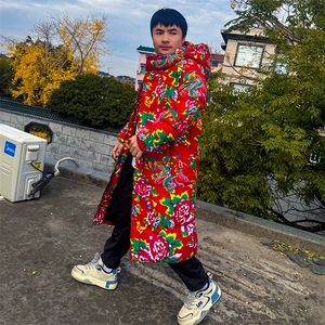 A5中长款男女连帽加厚保暖防寒棉衣外套棉袄大衣团队表演东北大花
