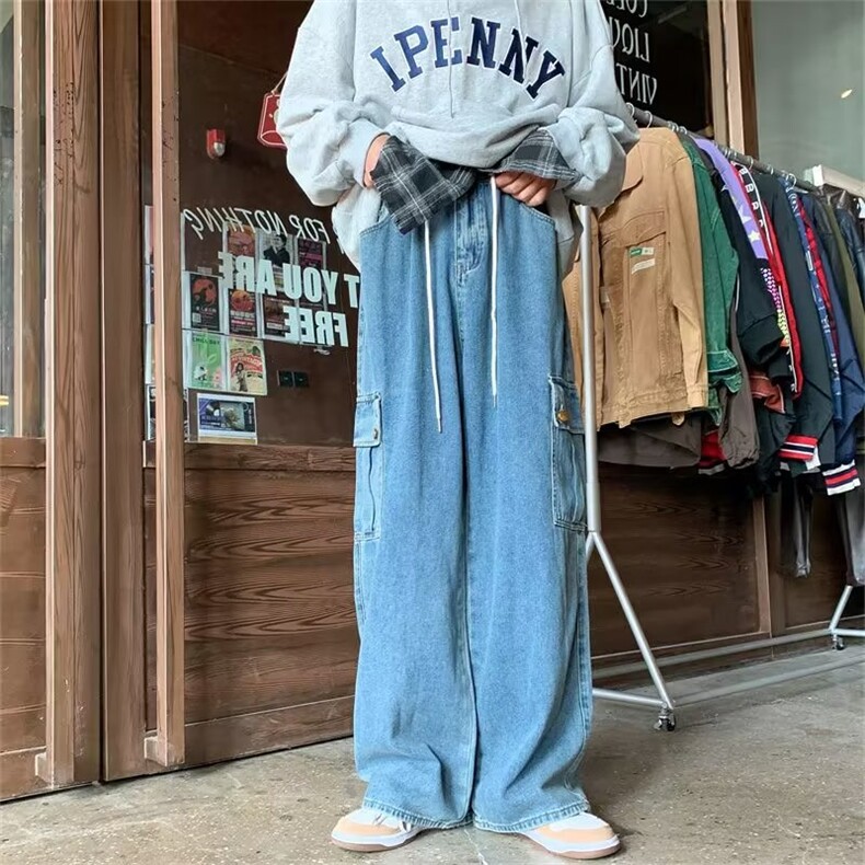 复古水洗宽松阔腿牛仔裤男BF垂感拖地工装大口袋老爹裤N5061-P45,男装牛仔裤,星座1008