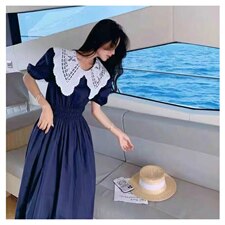 韩连衣裙女新款2021夏法式复古花边娃娃领泡泡袖中长款，女装连衣裙，潮品会