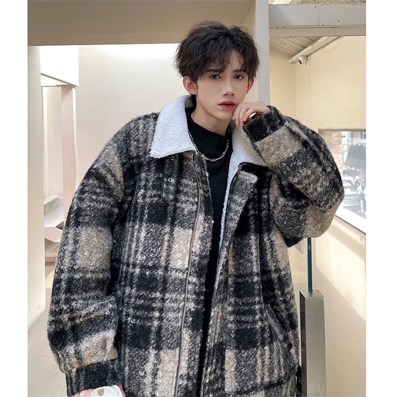 秋冬呢料港风ins格子加厚羊羔毛短款男保暖棉衣A071-Y150-P125,男装棉衣,电商A071