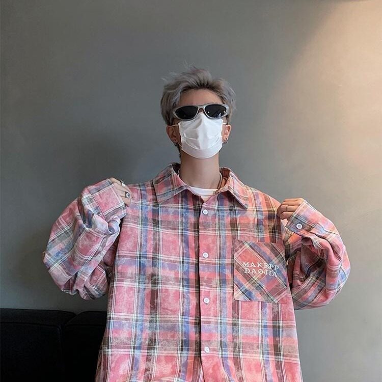 6044-P42美式复古扎染格子衬衫男高级感少年感穿搭痞帅上衣,男装衬衫,电商B323A