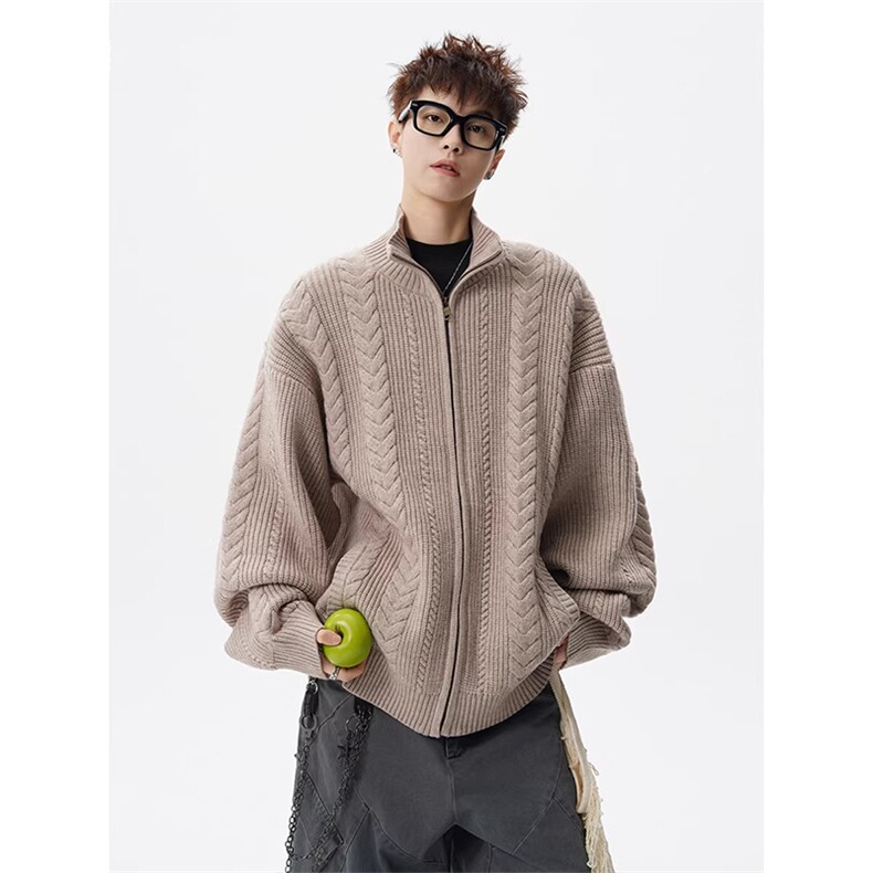 网图-老钱风麦穗麻花开衫毛衣男cp252-特73，男装针织衫/毛衣，电商B371