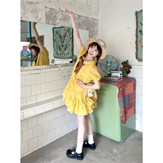 多巴胺甜美减龄黄色波点娃娃领连衣裙夏日收腰显瘦蓬蓬公主裙子女，女装连衣裙，星座506A