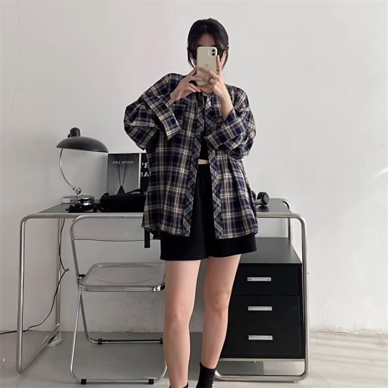 C237-P28复古格子衬衫女2025新款小众设计感衬衣宽松美式开衫,男装衬衫,电商B323A