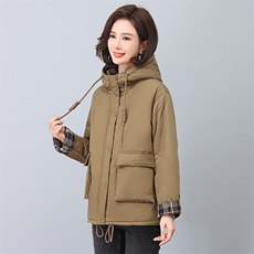 2023冬季拼接连帽时尚休闲夹棉加厚保暖舒适棉服，女装棉衣/棉服，独衣靓