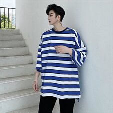 夏季宽松大码条纹T恤舒适落肩袖中长款潮T男款五分袖防晒D655P40，男装T恤，星座312B-1