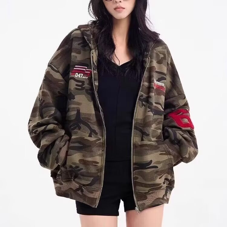 大码胖mm美式高街迷彩开衫连帽卫衣外套女秋季oversize拉链上衣图片