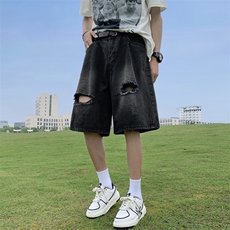 美式vibe牛仔短裤男士宽松阔腿破洞水洗五分裤NZK0234-批38控58，男装牛仔裤，星座617B