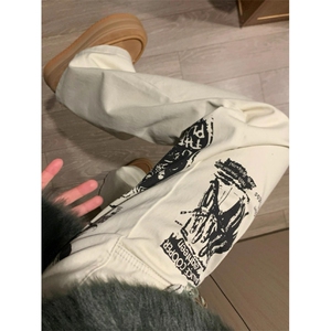 【有货】涂鸦杏色牛仔裤男款修身直筒美式vibe风裤子HT68LL-特P55图片