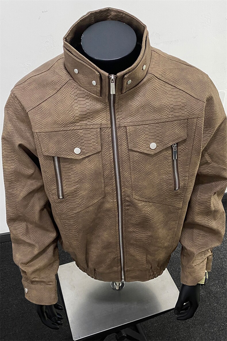 美式高阶秋冬蛇皮PU立领工装夹克痞帅百搭情侣外套J5616TP95,男装夹克,电商A247
