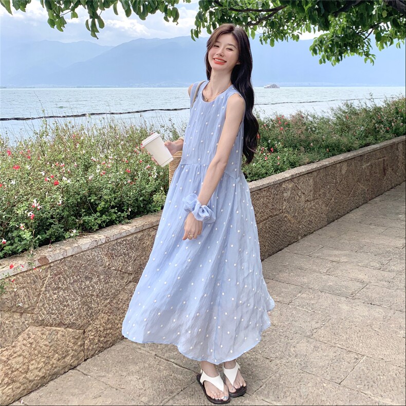 蓝色夏日漂亮连衣裙女2025新款设计感海岛度假风出片绝美漂亮裙子,女装连衣裙,2C201