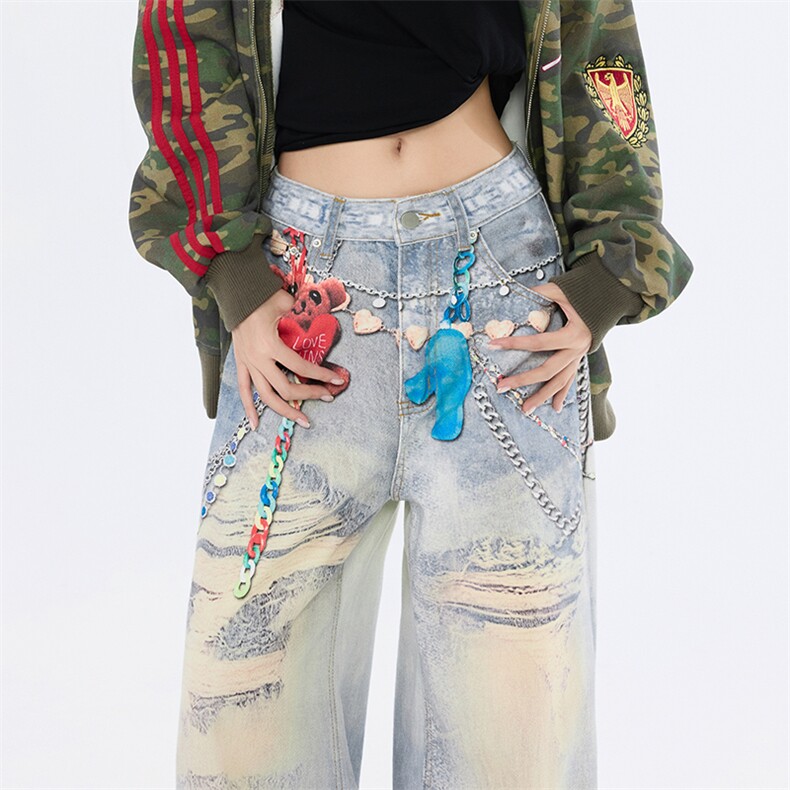 小熊印花牛仔裤女2025秋冬季复古小众水洗阔腿拖地裤YD9060-P75,男装牛仔裤,星座509