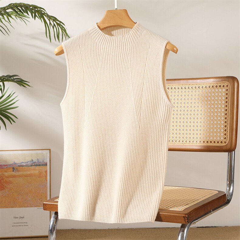 2025秋冬百搭时尚简约抽条无袖半高领针织羊绒，女装羊绒衫，澳坤羊绒