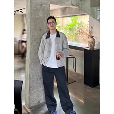 W9483-P70网图现货新款拼接pu皮牛仔外套中性工装美式高街夹克，男装夹克，星座1608-2
