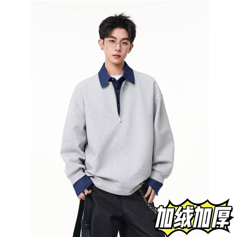 韩系假两件牛仔衬衫领拼接polo衫卫衣男生高级感宽松休闲长袖上衣,男装衬衫,星座715-4