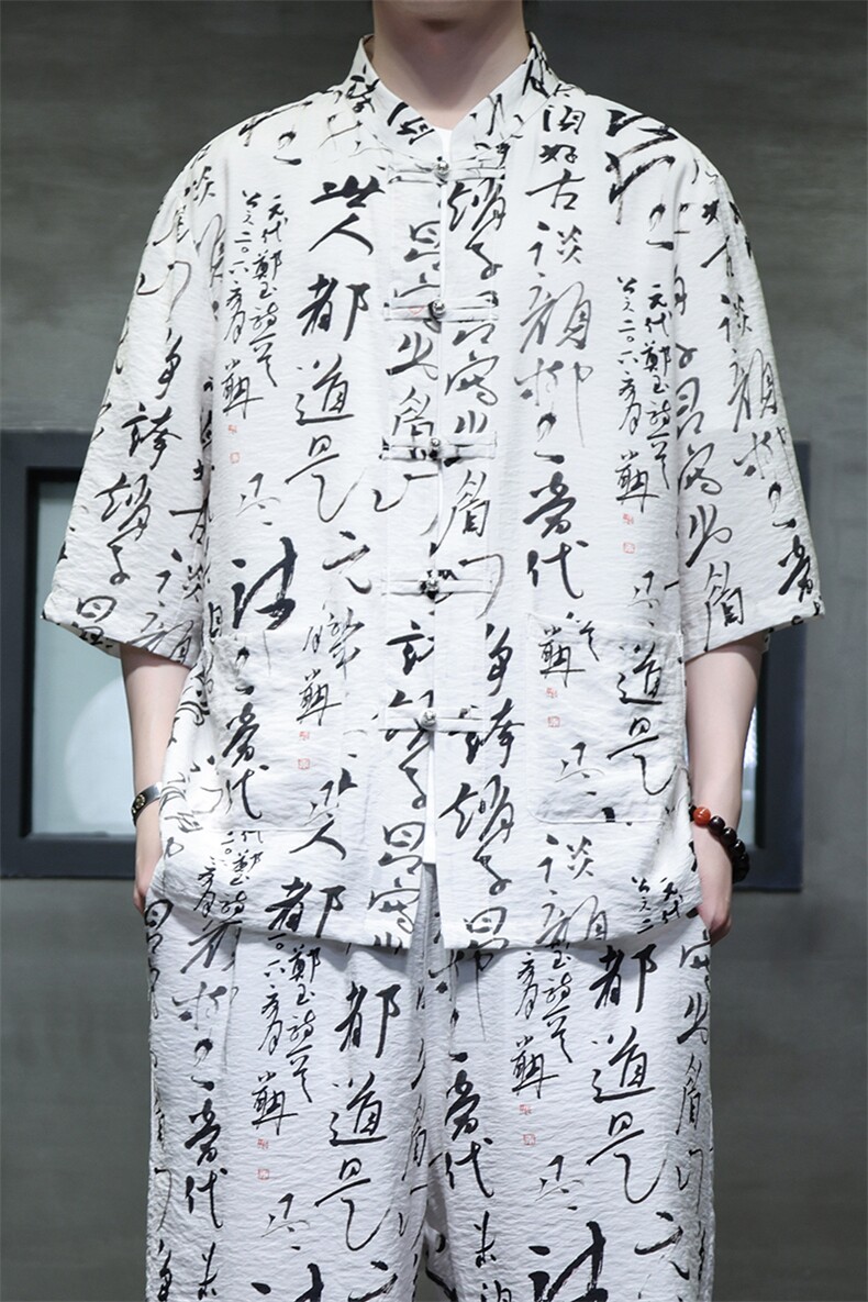 2025夏季新款风男装盘扣新中式唐装书法印花衬衫C108-P50,男装衬衫,电商B277(原6028)