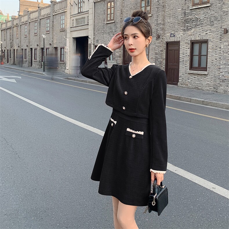 《现货新品》木耳花边假两件拼接修身显瘦两件套套裙,女装套装/套裙,曼琳思菲