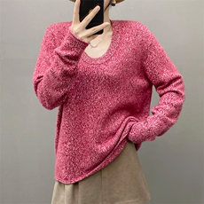重磅加厚山羊绒衫女士U领毛衣秋冬宽松时尚慵懒风花纱针织上衣，女装羊绒衫，织绒羊