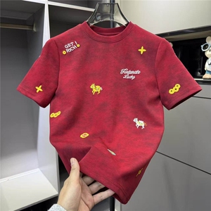 1506/QV950/P37潮男新款重磅纯棉暗花小马字母内搭韩版帅气T恤图片