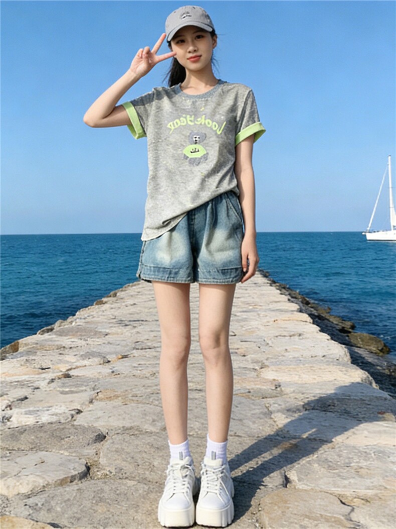 韩系休闲运动时尚套装女夏新款圆领扎染刺绣上衣牛仔短裤两件套潮,女装套装/套裙,江南