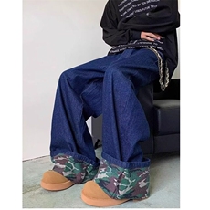 迷彩翻边阔腿牛仔裤男女春秋季美式复古宽松休闲百搭设计感直筒裤，男装牛仔裤，星座506