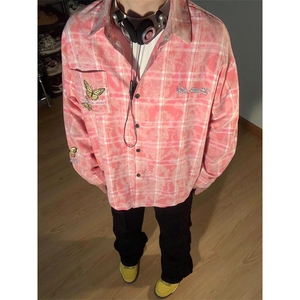 美式蝴蝶刺绣格子衬衫男秋季新款别致设计小众装衬衣外套 CY14图片