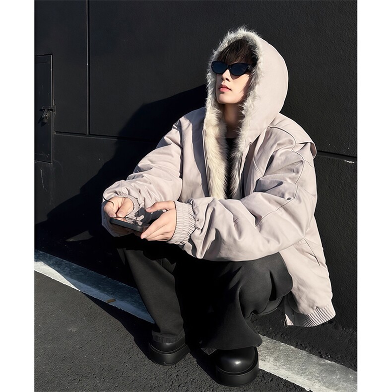 现货高品质美式高街冬季重磅硬挺短款座山雕毛领棉衣男女加厚外套图片