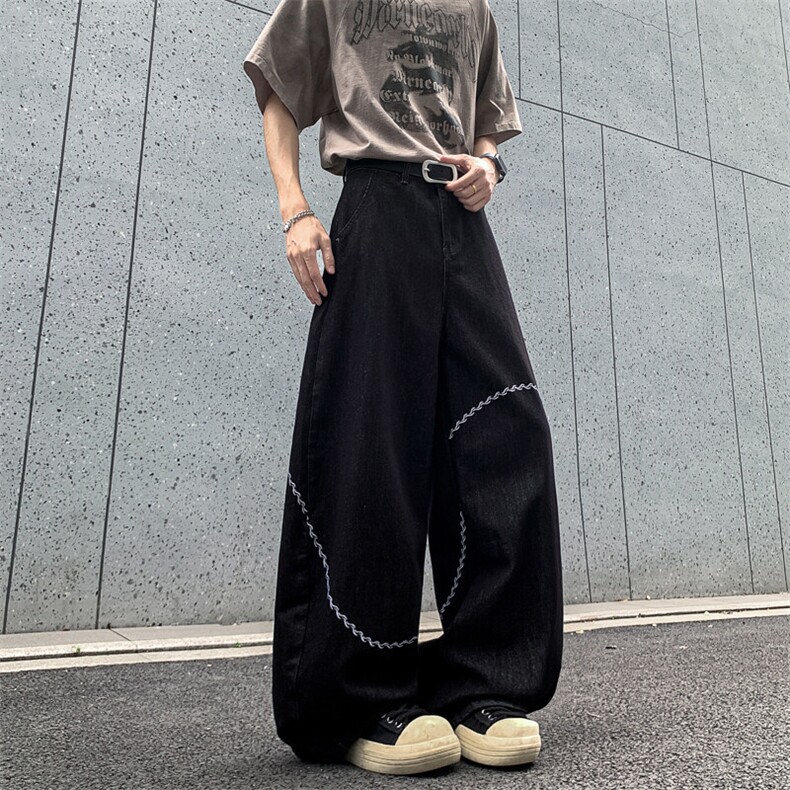 黑色弧线刺绣弯刀牛仔裤男街头宽松阔腿显瘦百搭长裤TR926P58,男装牛仔裤,星座1013-1