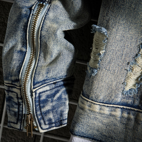 JK025-p85-大量现货牛仔夹克肥仔量足破洞印花大码图片
