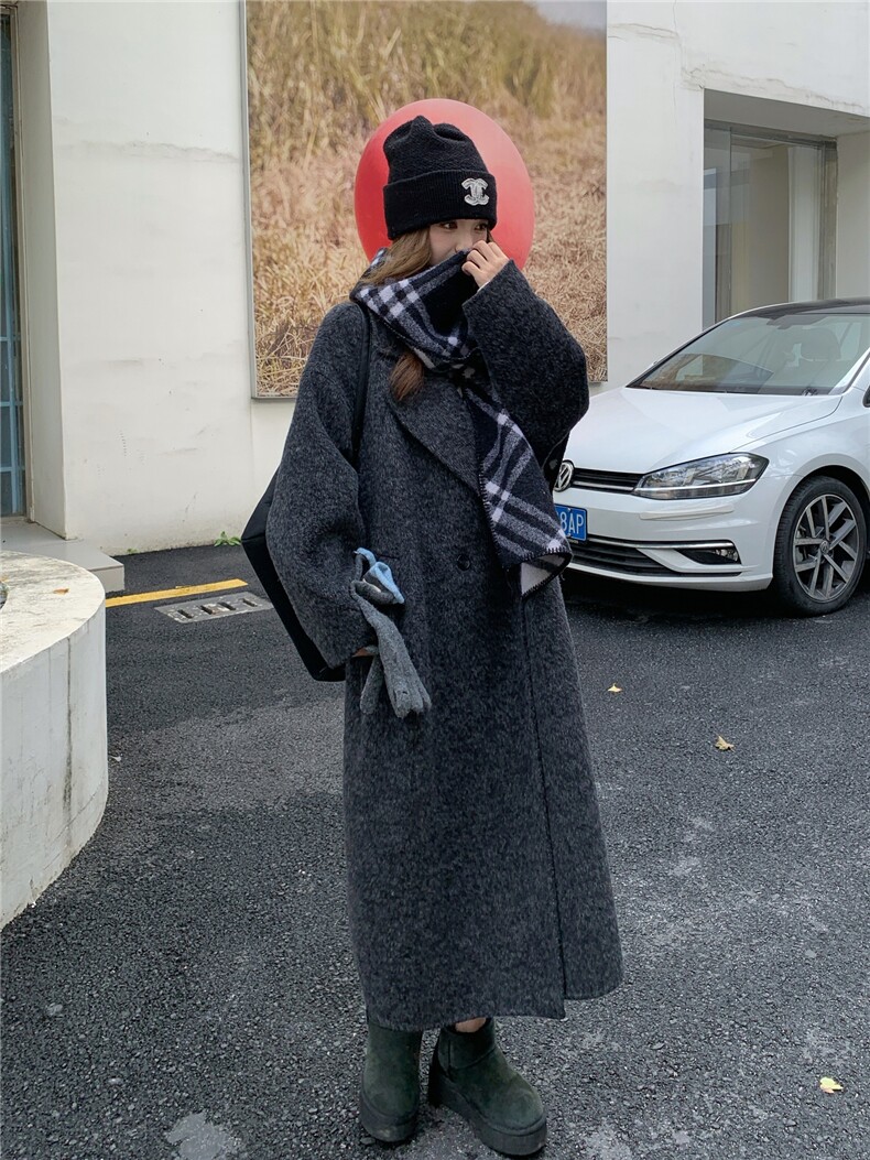 现货新款韩范中长款过膝双面羊绒大衣黑灰色高端毛呢外套女装,女装双面呢大衣,网红馆