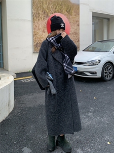 现货新款韩范中长款过膝双面羊绒大衣黑灰色高端毛呢外套女装图片