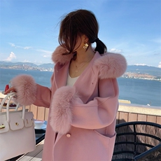 可脱卸狐狸毛领奢华气质双面羊绒大衣女小个子短款连帽毛呢外套，女装双面呢大衣，蒙绒特