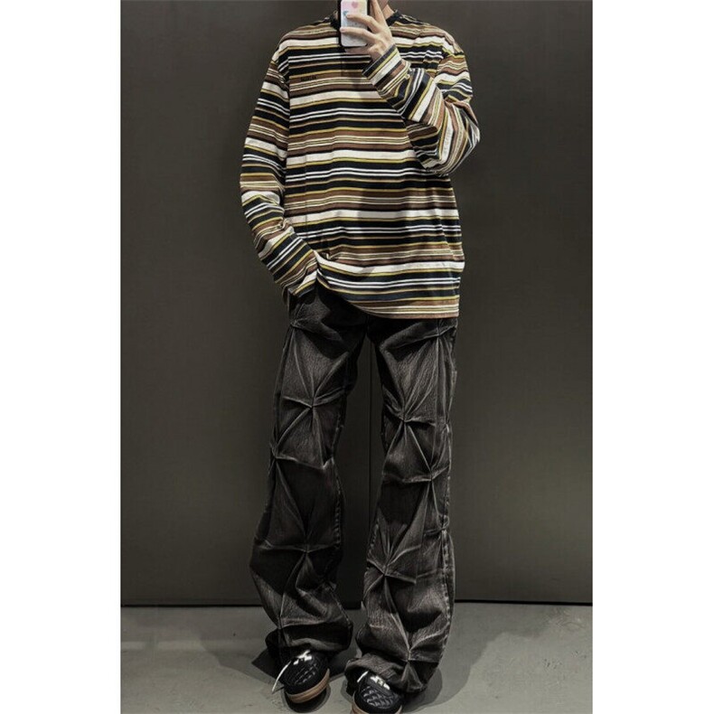 美式重磅褶皱阔腿牛仔裤男女先锋hiphop嘻哈设计感长裤潮~NK4093,男装牛仔裤,星座601-1