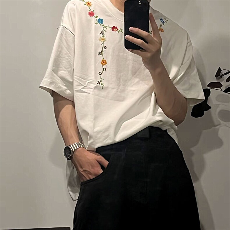 万针全刺绣工艺抖音得物高品质260克重磅纯棉双纱美式高街短袖T恤图片