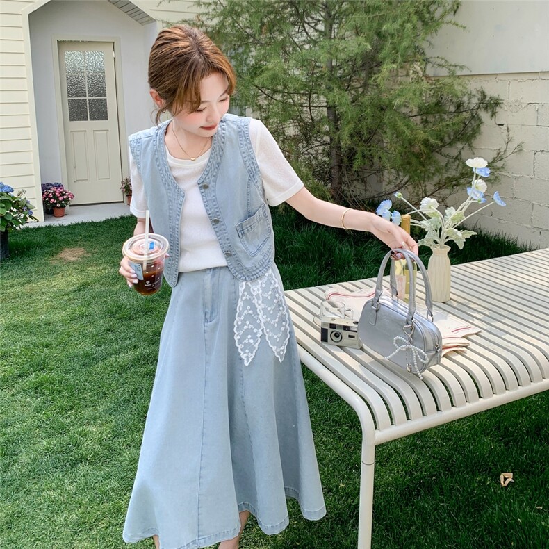 时尚减龄牛仔套装女2025年夏季新款马甲T恤半身裙三件套，女装套装/套裙，吉娜