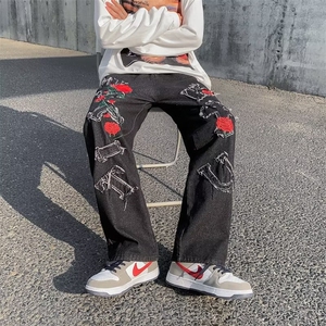 牛仔裤男秋季大码刺绣玫瑰休闲裤子C878P45图片