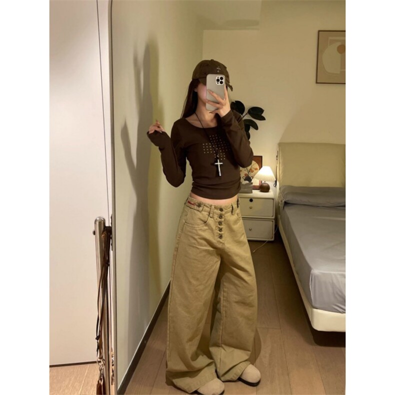 小众街头字母纽扣直筒牛仔裤女宽松慵懒风阔腿牛仔裤K09135-P50,男装牛仔裤,星座308B-2