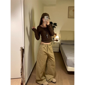 小众街头字母纽扣直筒牛仔裤女宽松慵懒风阔腿牛仔裤K09135-P50图片