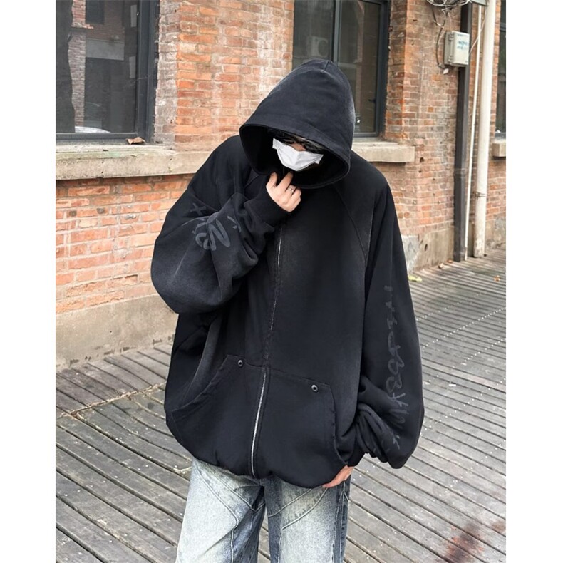 E46P58擦脏废土风涂鸦连帽开衫卫衣男春秋潮牌vintage高街帽衫,男装卫衣,星座512-6