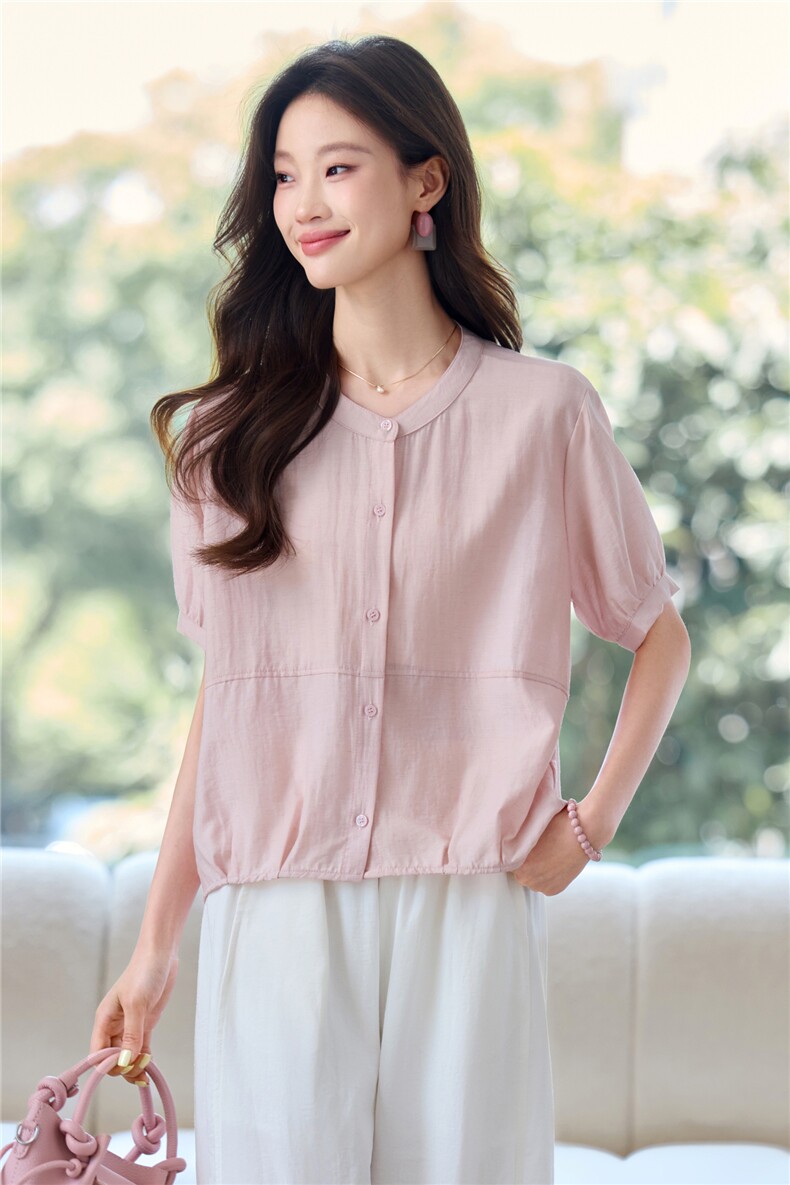 天丝短袖衬衫女夏季2025年新款妈妈休闲时尚减龄气质圆领小衫上衣,女装衬衫,木子恋