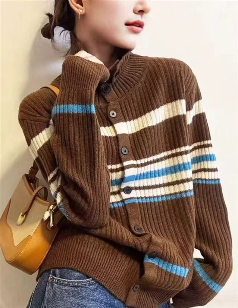 2025年秋季时尚百搭通勤简约休闲条纹撞色开衫，女装针织衫/毛衣，暖烁特种纱工厂店
