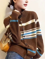 2025年秋季时尚百搭通勤简约休闲条纹撞色开衫,女装针织衫/毛衣,暖烁特种纱工厂店, 2025年秋季时尚百搭通勤简约休闲条纹撞色开衫,女装针织衫/毛衣,暖烁特种纱工厂店,