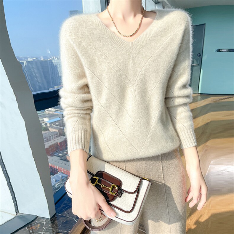25秋冬V领100%羊毛衫女长袖提花镂空套头毛衣宽松羊绒针织打底衫,女装羊毛衫,暮绒羊羊绒