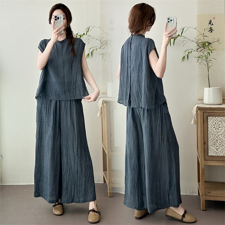 时尚夏季阔腿裤套装女2025新款短袖上衣文艺显瘦皱麻直筒裤两件套，女装套装/套裙，江忆布依