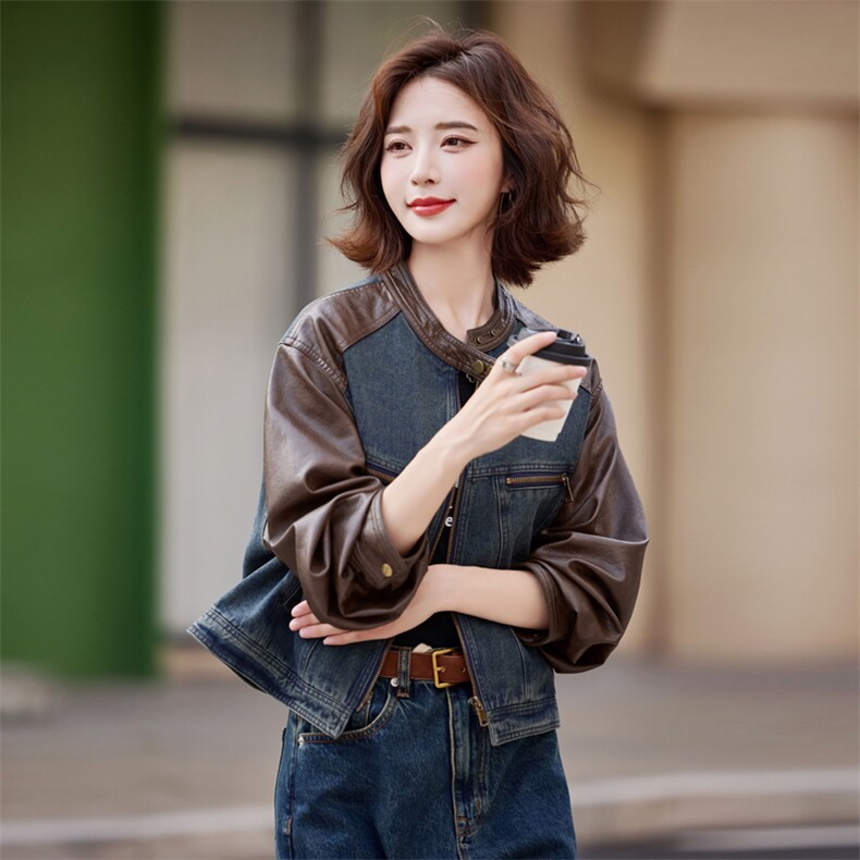 美式复古棕色皮衣拼接牛仔外套女春秋季2024新款休闲短款夹克上衣，女装皮衣，莜菲儿