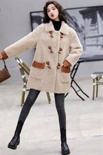 2020冬季新款简约潮流时尚舒适翻领拼接仿羊羔毛外套，女装羊羔毛/颗粒绒，千千佰惠