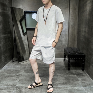 夏季新款男中国风棉麻套装 亚麻盘扣大码两件套短袖+短裤 A08图片