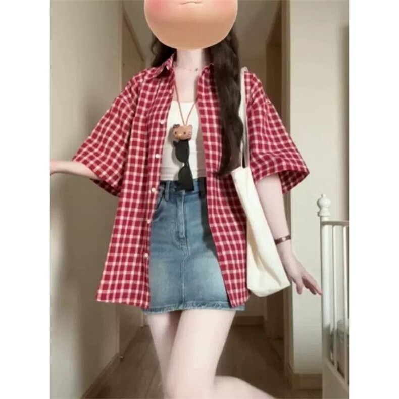 慵懒风红色格子夏日轻薄短袖衬衫女夏季2025新款复古休闲宽松衬衫,男装衬衫,星座1210-1