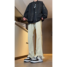 现货黄泥美式vibe裤高街黑色破洞微喇直筒毛边牛仔裤男K890-P55，男装牛仔裤，星座205